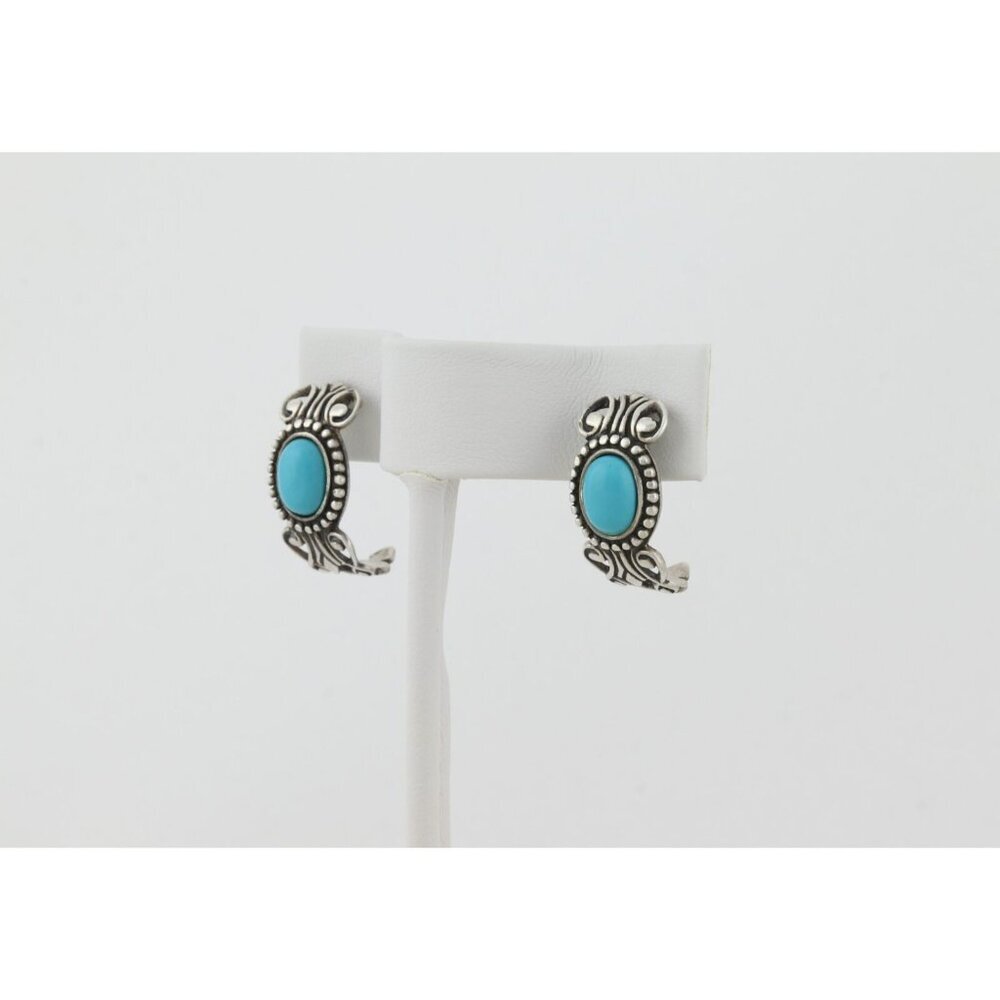 Sterling Silver Blue Turquoise Half Hoop Earrings Avon 3/4" x 3/8" - Picture 3 of 8